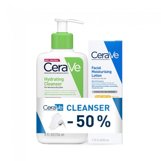 CeraVe, Vlažilna čistilna emulzija, 236 ml + Vlažilna nega za obraz za normalno do suho kožo SPF30, 52 ml