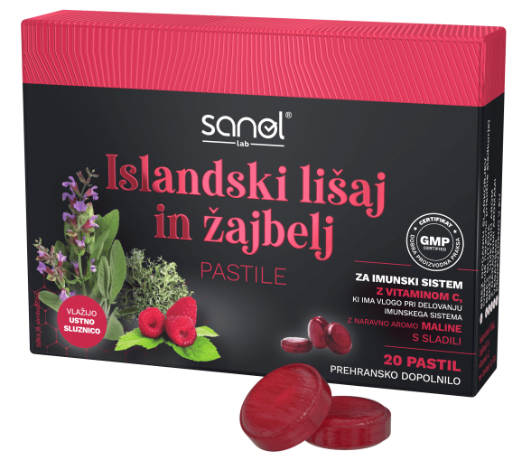 Sanol LAB Pastile z islandskim lišajem in žajbljem, 20 pastil